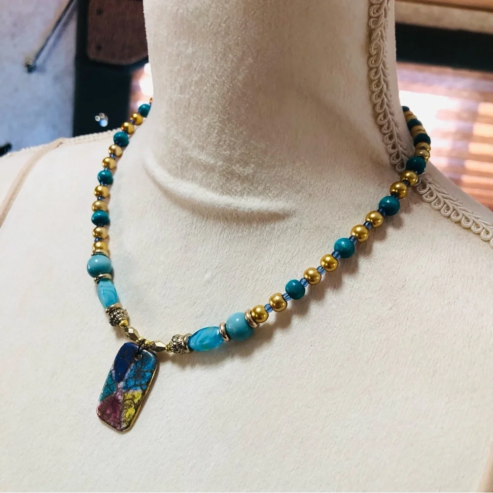 Handcrafted repurpose vintage 80s stained glass porcelain pendant bead necklace